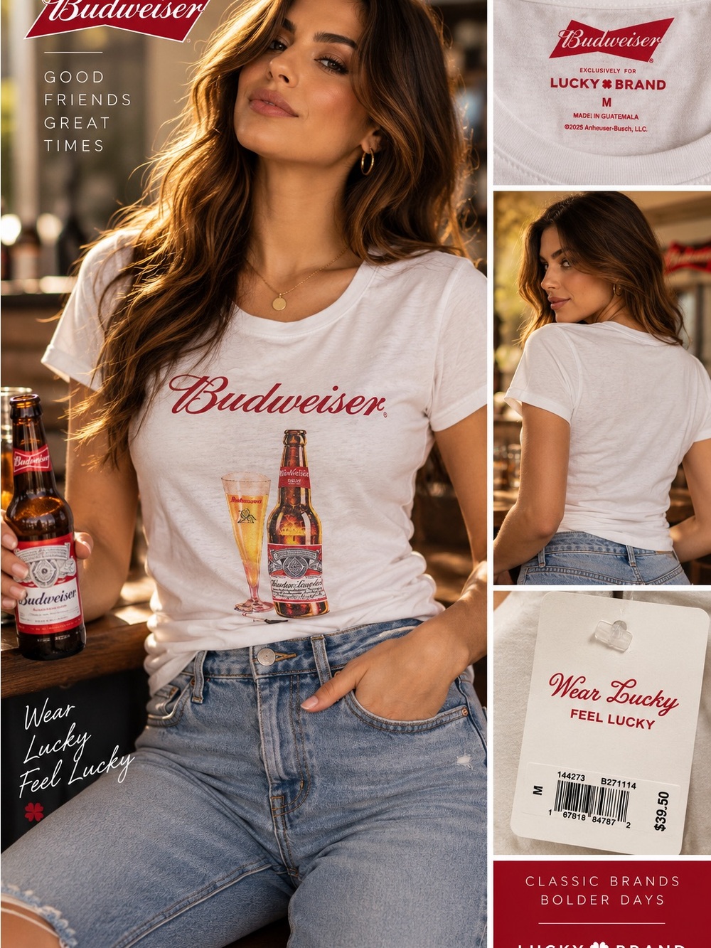 Lucky Brand White Budweiser Graphic Tee - Red Logo